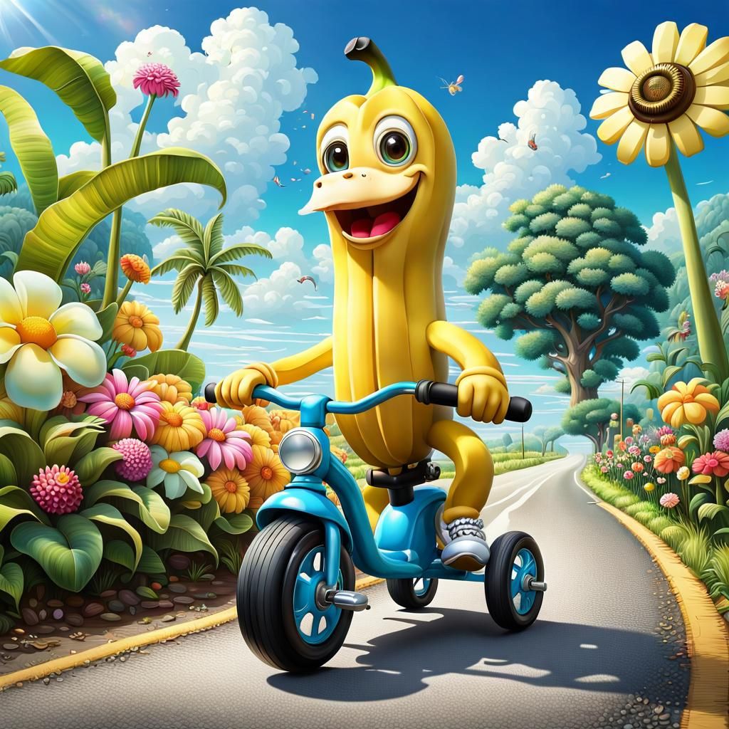 Chibi Banana Rides Tricycle on Country Road