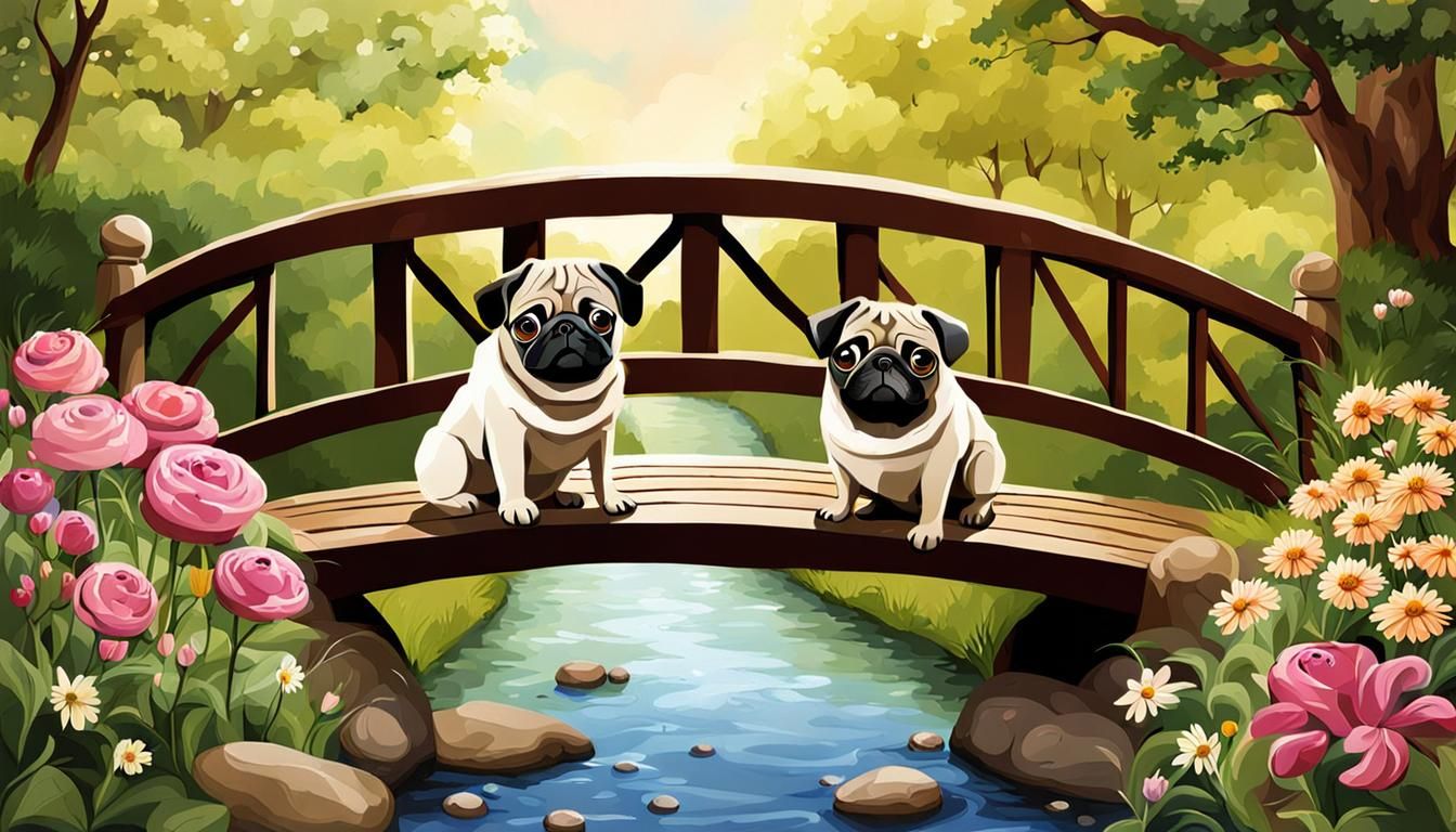 Pugs on Bridge: A Realistic Nature Scene