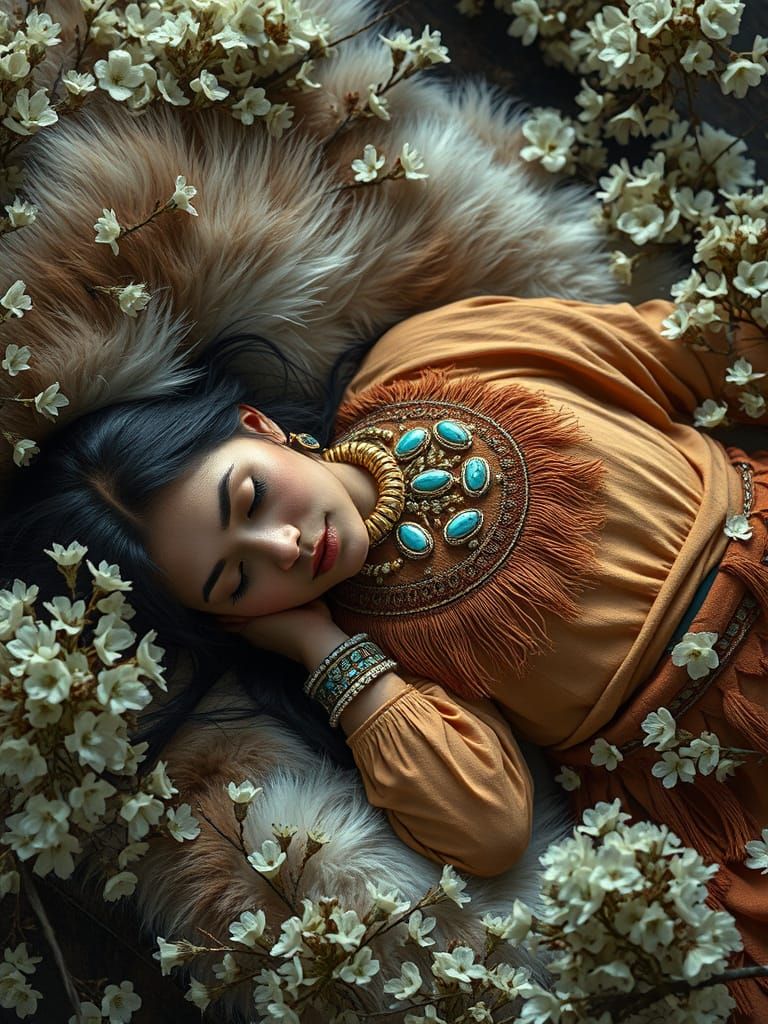 Native American Woman Surrounded by Jade Vine Flowers in a H...
