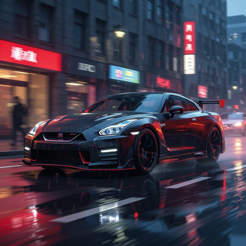 Hyper-Realistic Nissan GTR Nismo Speeds Down Wet City Street