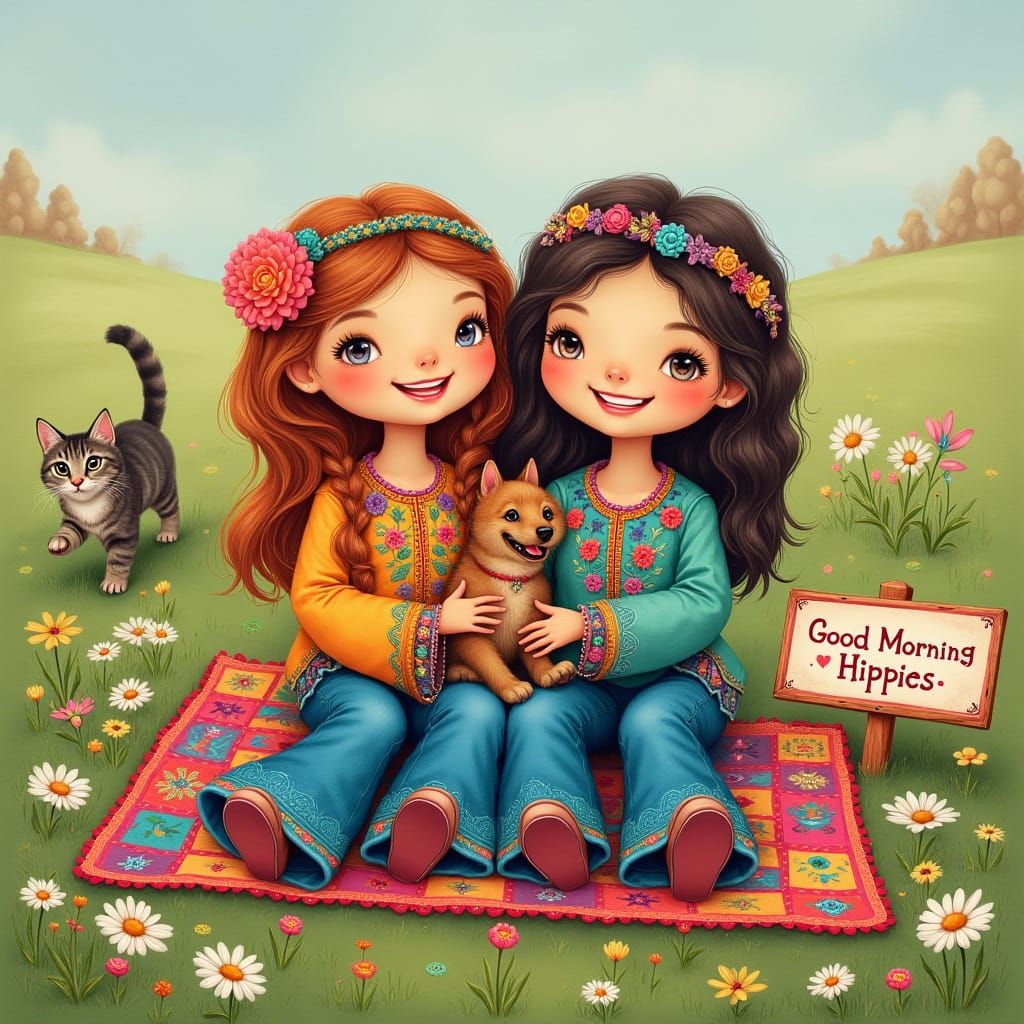 Smiling Hippie Dolls Enjoying a Sunny Morning