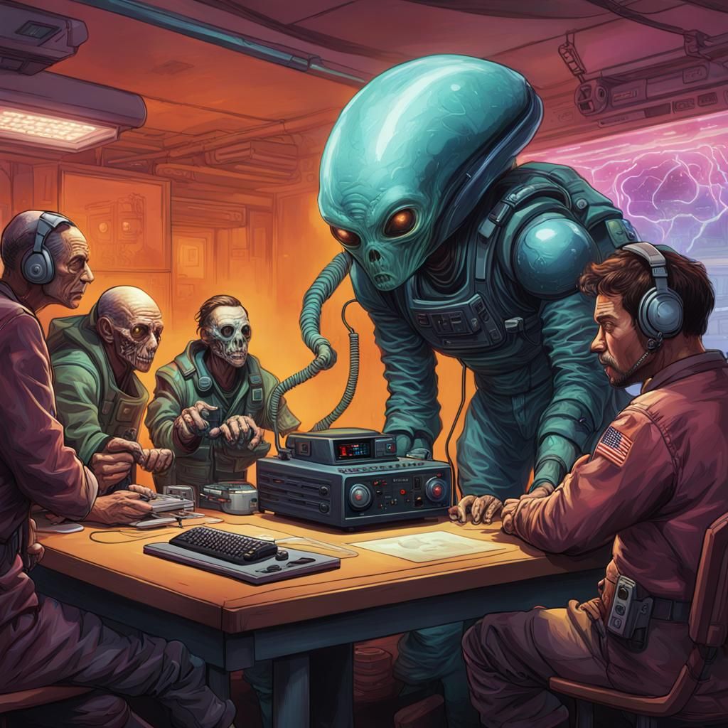 Hyperrealistic Aliens Observe Human Ham Radio Operator
