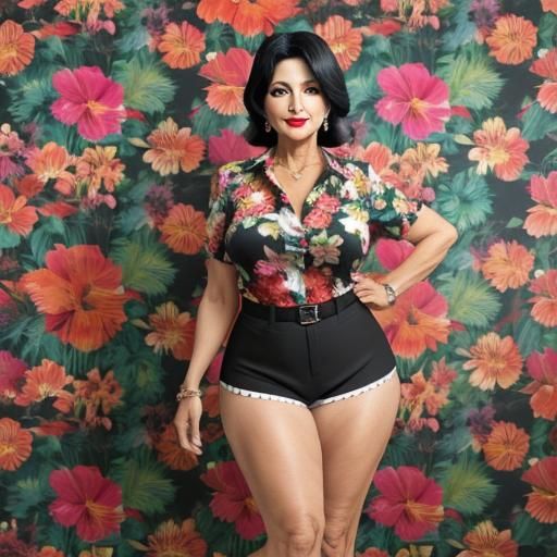 Hispanic Woman in Floral Hawaiian Shirt and Boy Shorts