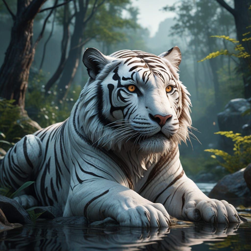 "A siberiano white royal tiger sitting proudly on top of a mountain, surrounded by a dense forest under the full moonlig...