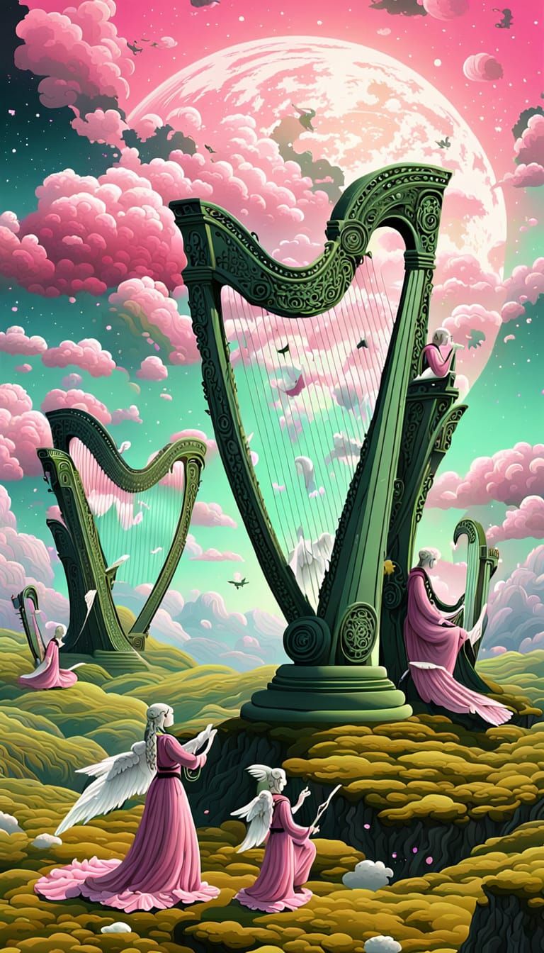 Angels Play Harps on Alien Planet with Pink Clouds