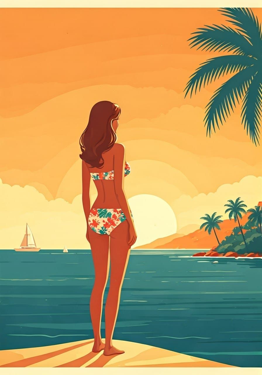 Retro Acapulco Travel Poster with Woman in Bikini