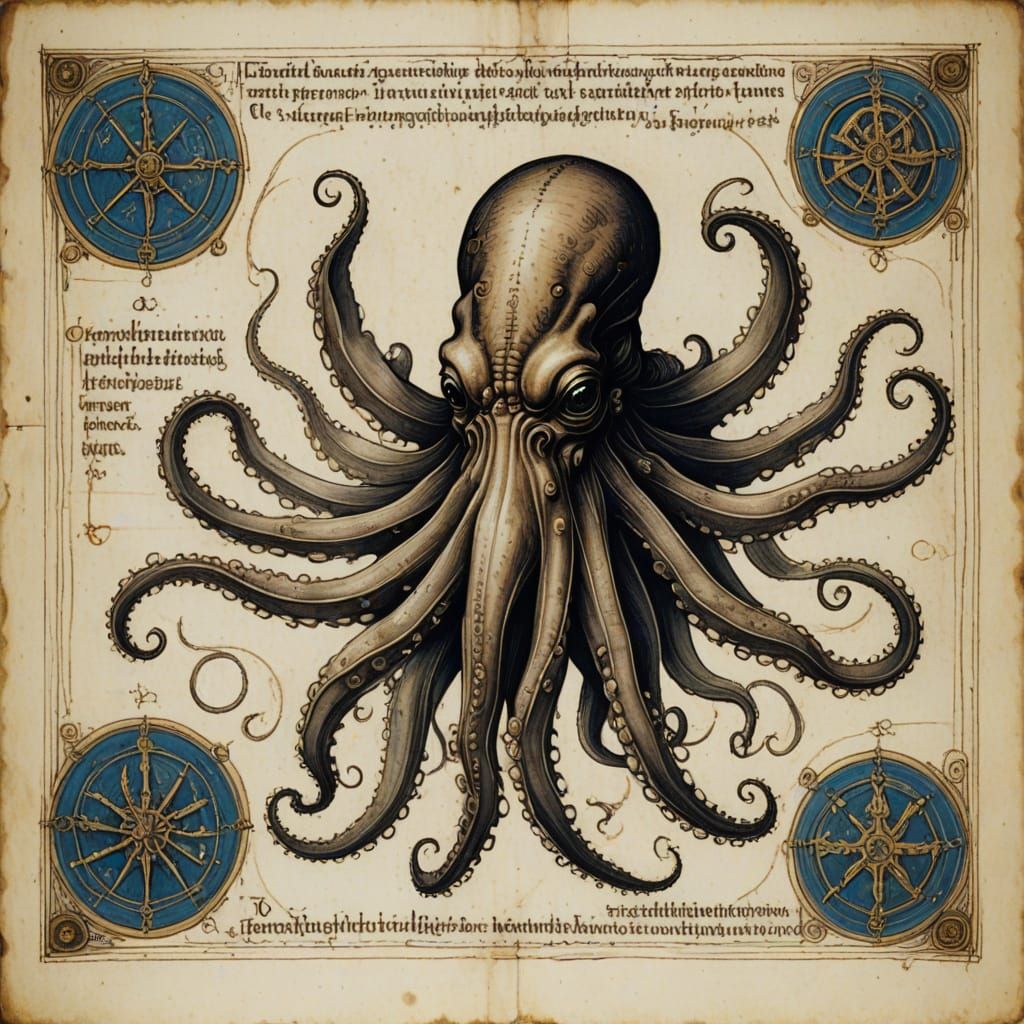Medieval Squid Engraving in Renaissance Style