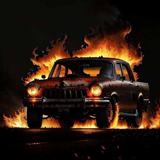 Fiery Rust Car in Dark Abstract Oil Painting