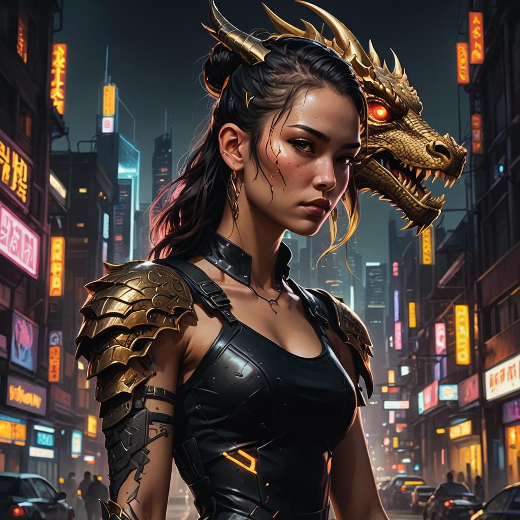 Cyberpunk Warrior Girl with Dragon Tattoo