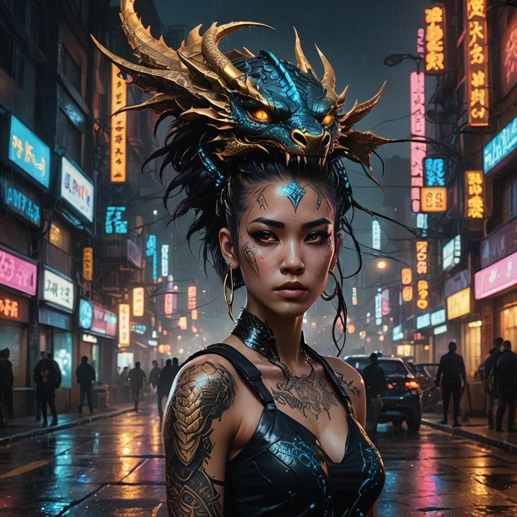 Cyberpunk Warrior Girl with Dragon Tattoo