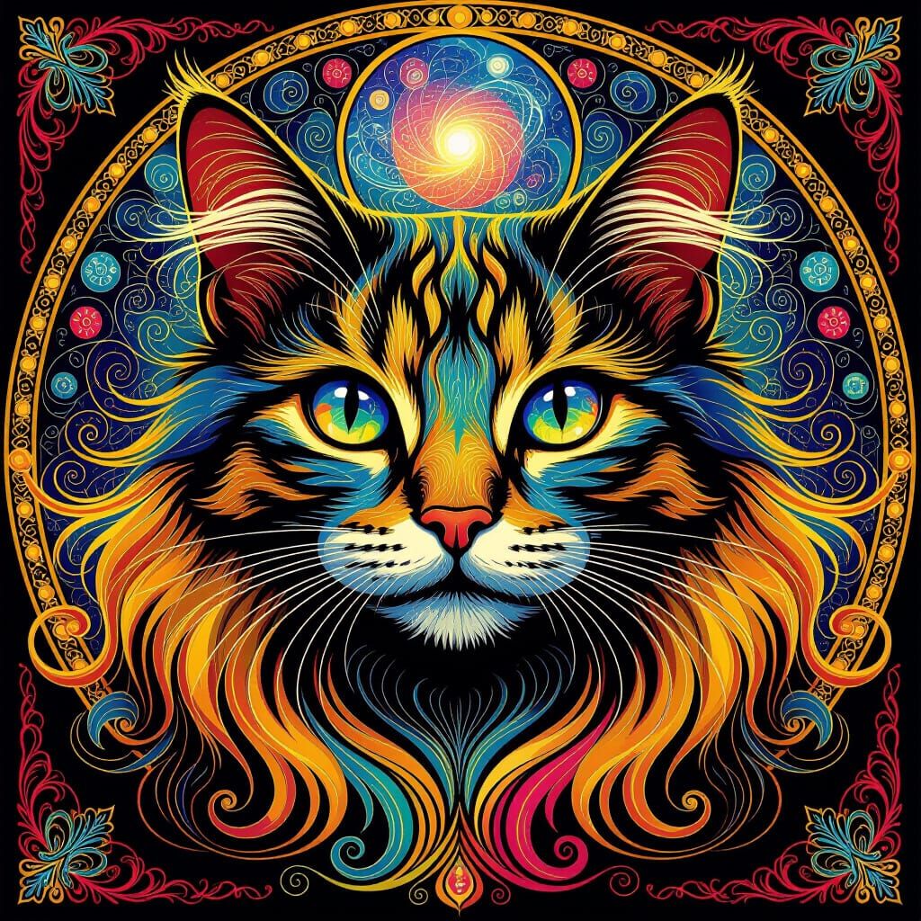 Psychedelic Cat Face in Art Nouveau Style