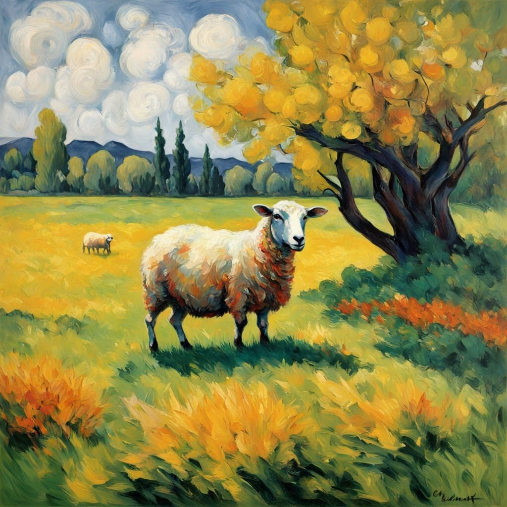 Expressive Sheep in Lush Meadow Oil Painting