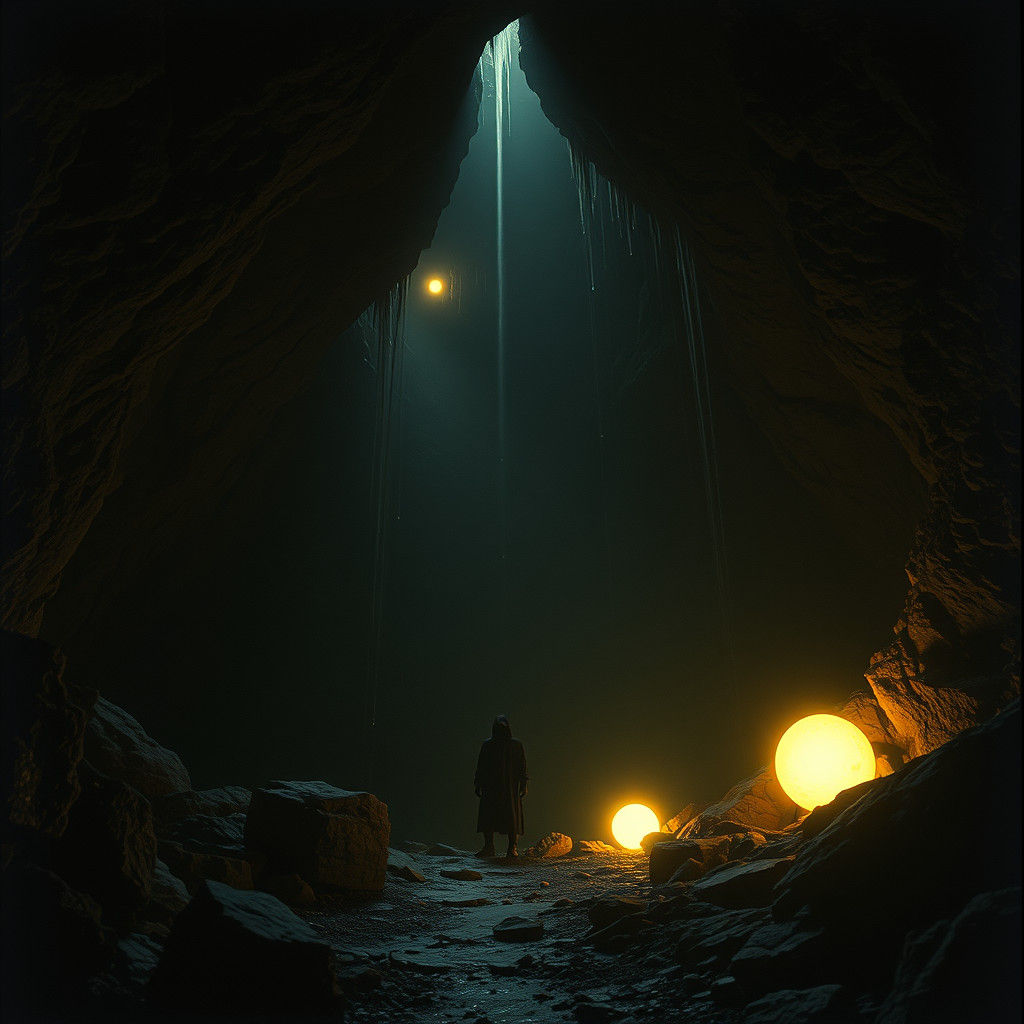 Figure Trapped in Dark Cave with Glowing Orbs