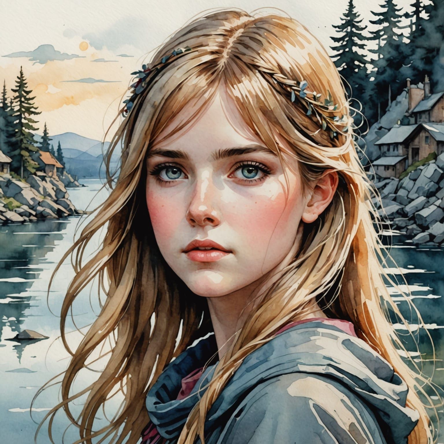 Watercolor Portrait of Blond Girl with Grey Eyes