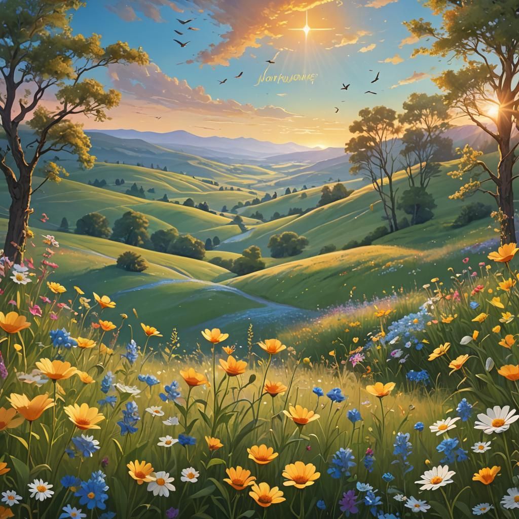 Sunrise Over Serene Landscape in Digital Matte Painting