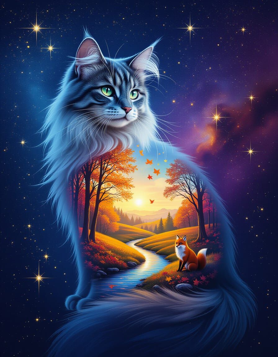 Holographic Cat with Fantasy Fall Landscape