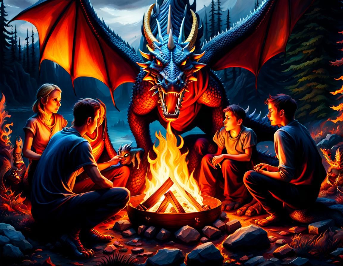 Epic Dragon Family Campfire in Hyperrealistic Style