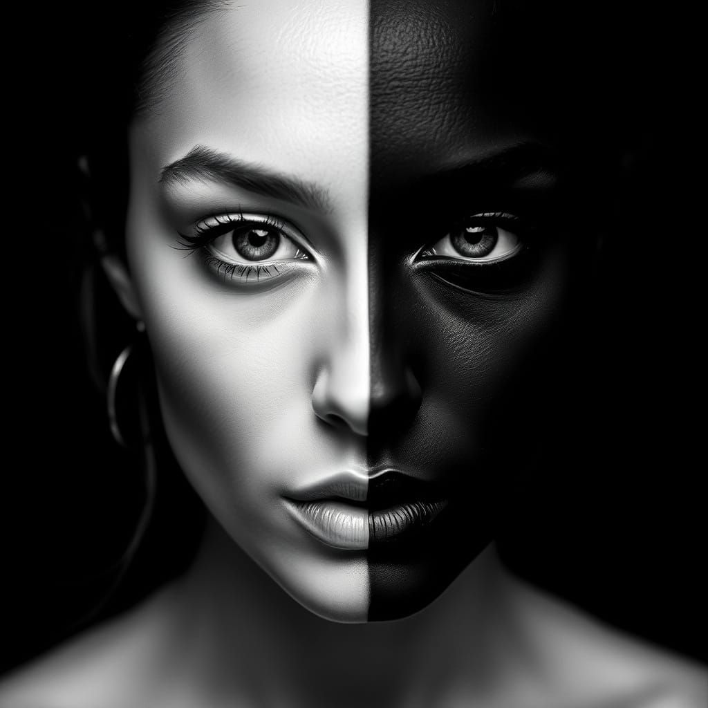 Hyper-Realistic Yin-Yang Portrait in Black and White