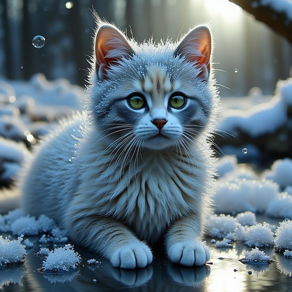 Fractal Ice Cat Emerges from Frozen Lake