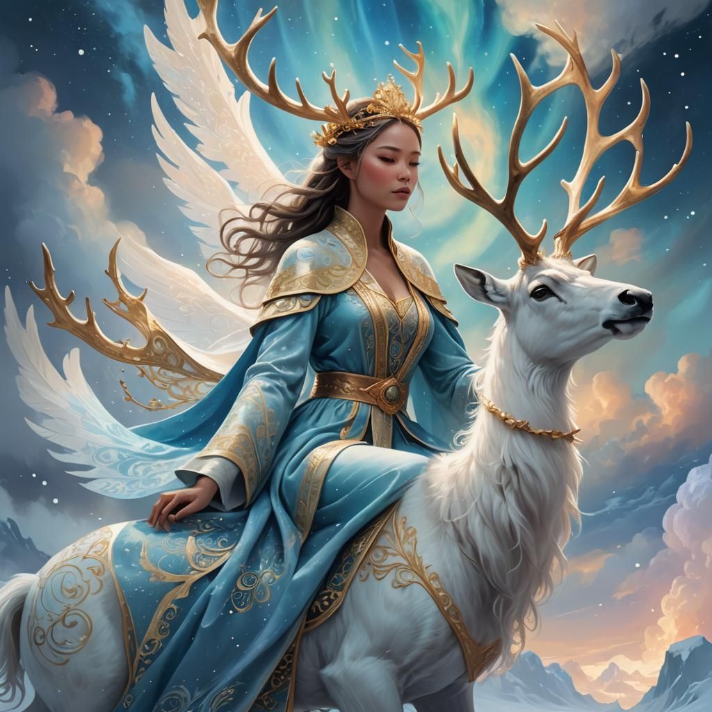 Princess on Reindeer in Clouds, Fantasy Art