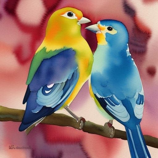 Watercolor Painting of Adorable Lovebirds in Ambient Light