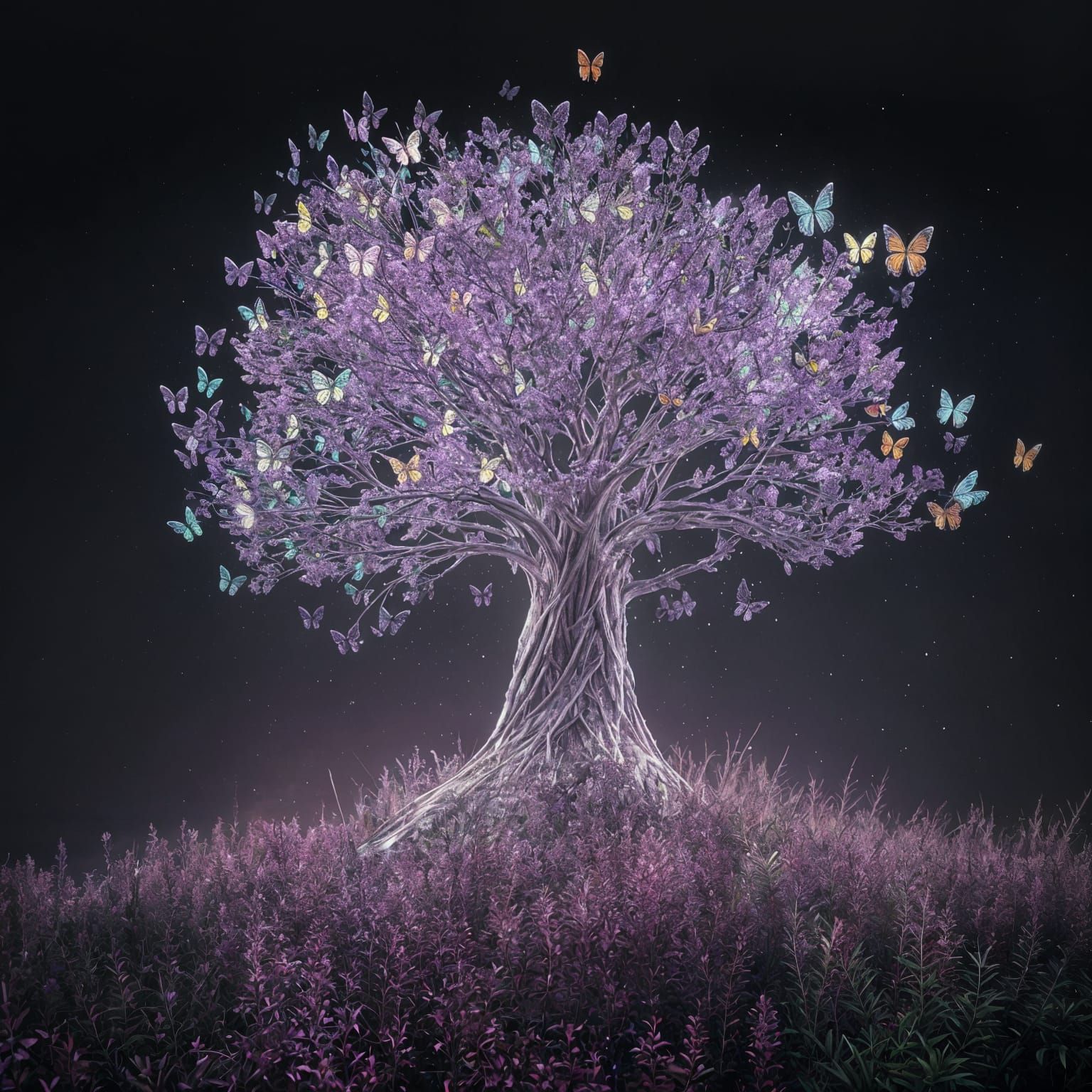 Crystal Glass Tree with Butterfly Leaves in Vibrant Fantasy