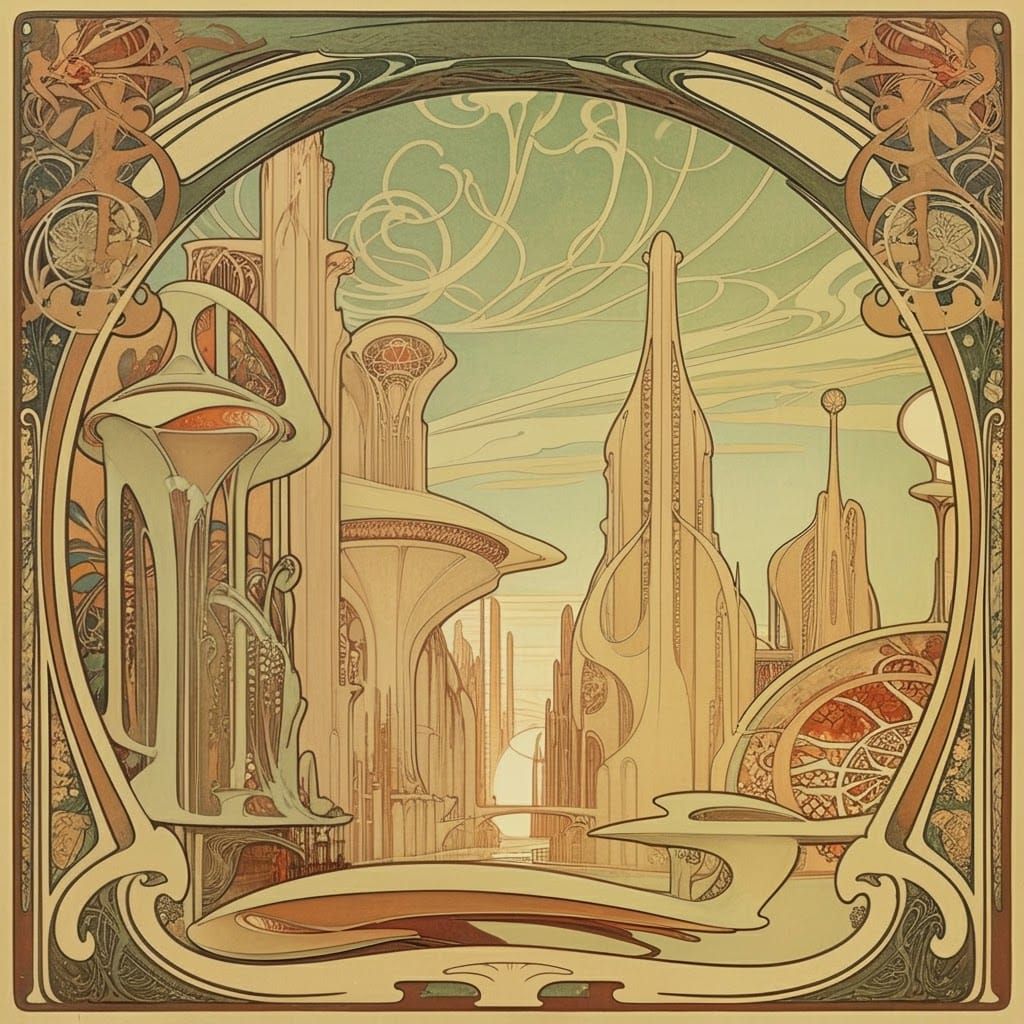 16k resolution, art by Syd Mead and Alphonse Mucha, line art, futuristic cityscape, Art Nouveau elegance, sleek architec...