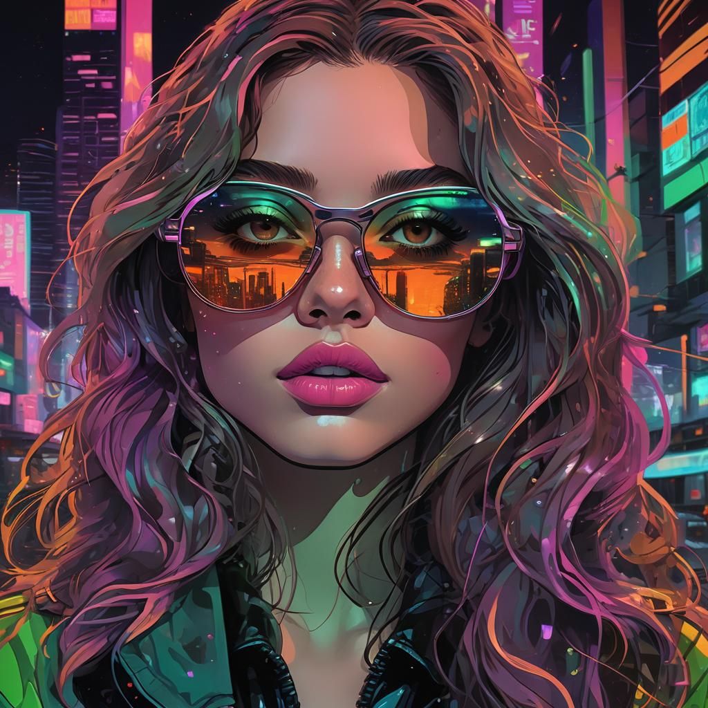 Cyberpunk Woman with Mirrored Glasses in Vaporwave Style