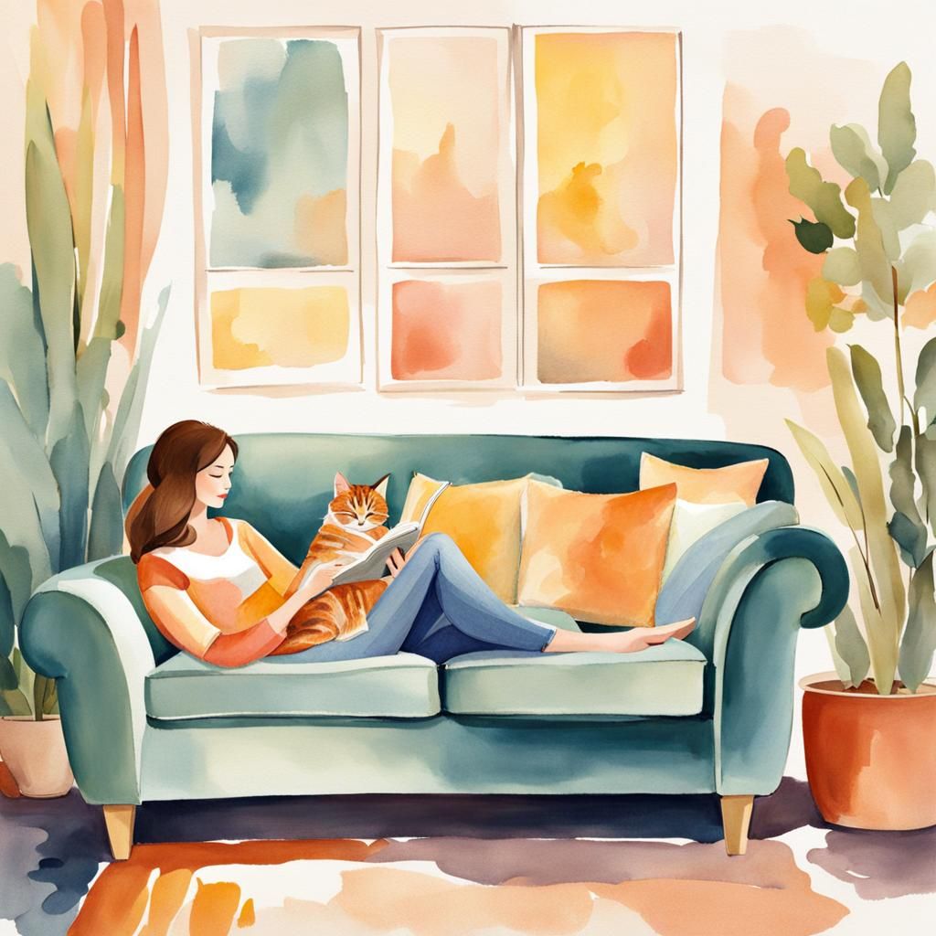 Watercolor Cartoon of Woman Reading with Cat