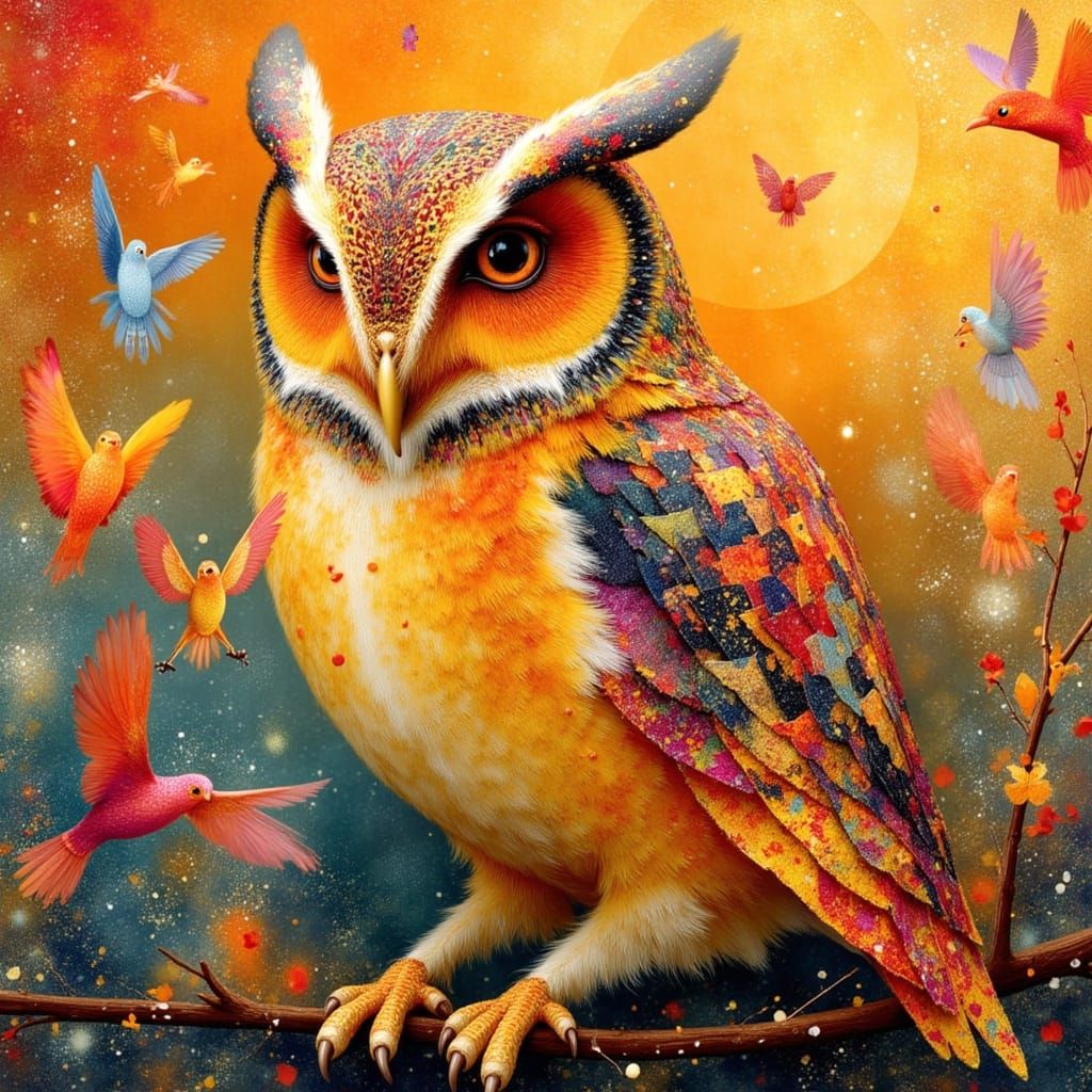 Whimsical Folk Art Owl with Abstract Elements