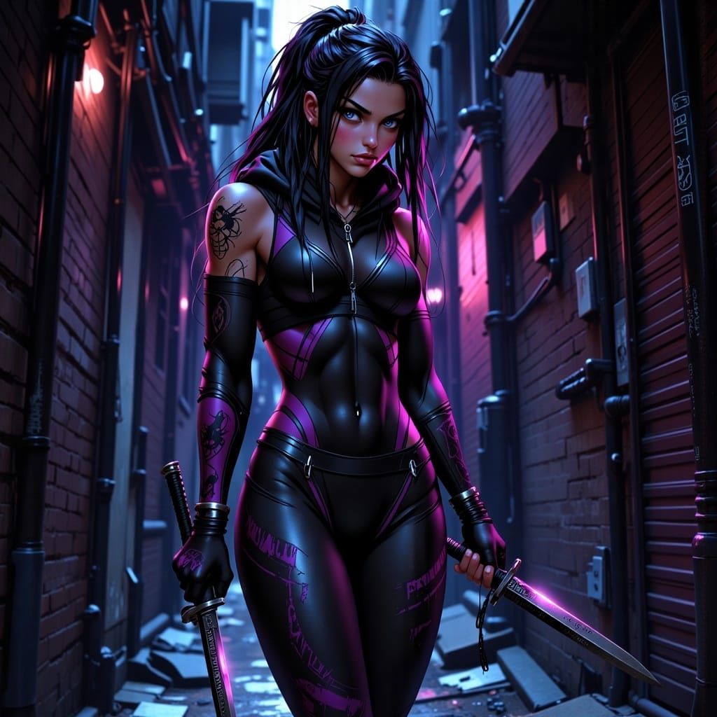 Ninja Woman in Shadows: Hyperrealistic Digital Art