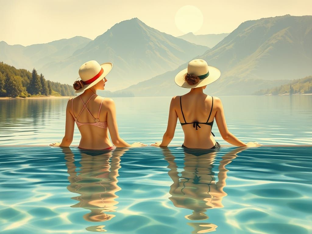 Elegant Women Bask in Serene Lake Landscape