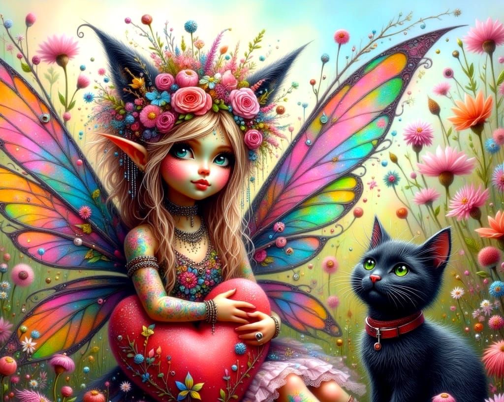 Vibrant Floral Fairy Relaxing in a Sunny Field with her Cat