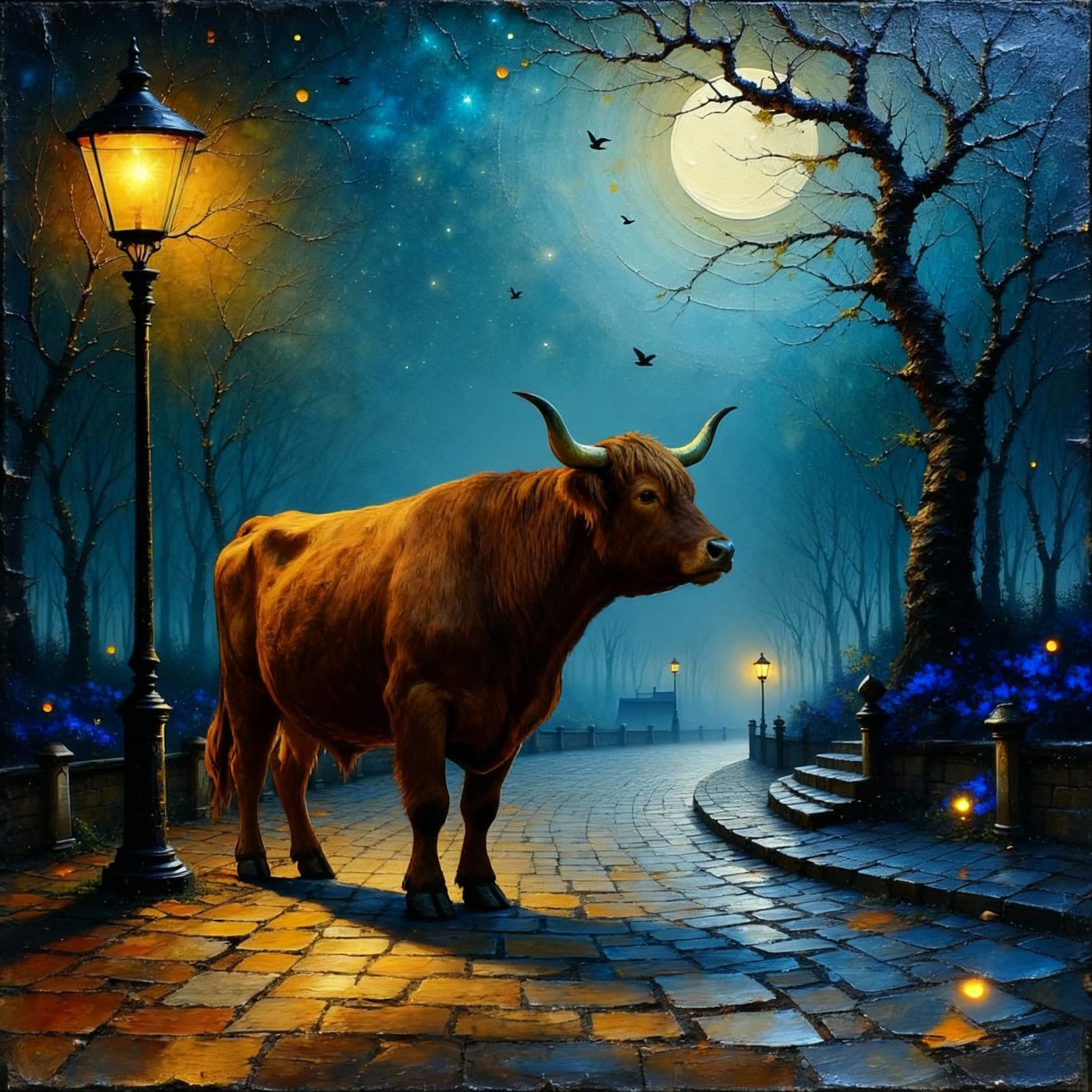 A picture of the cow on the cobblestone street