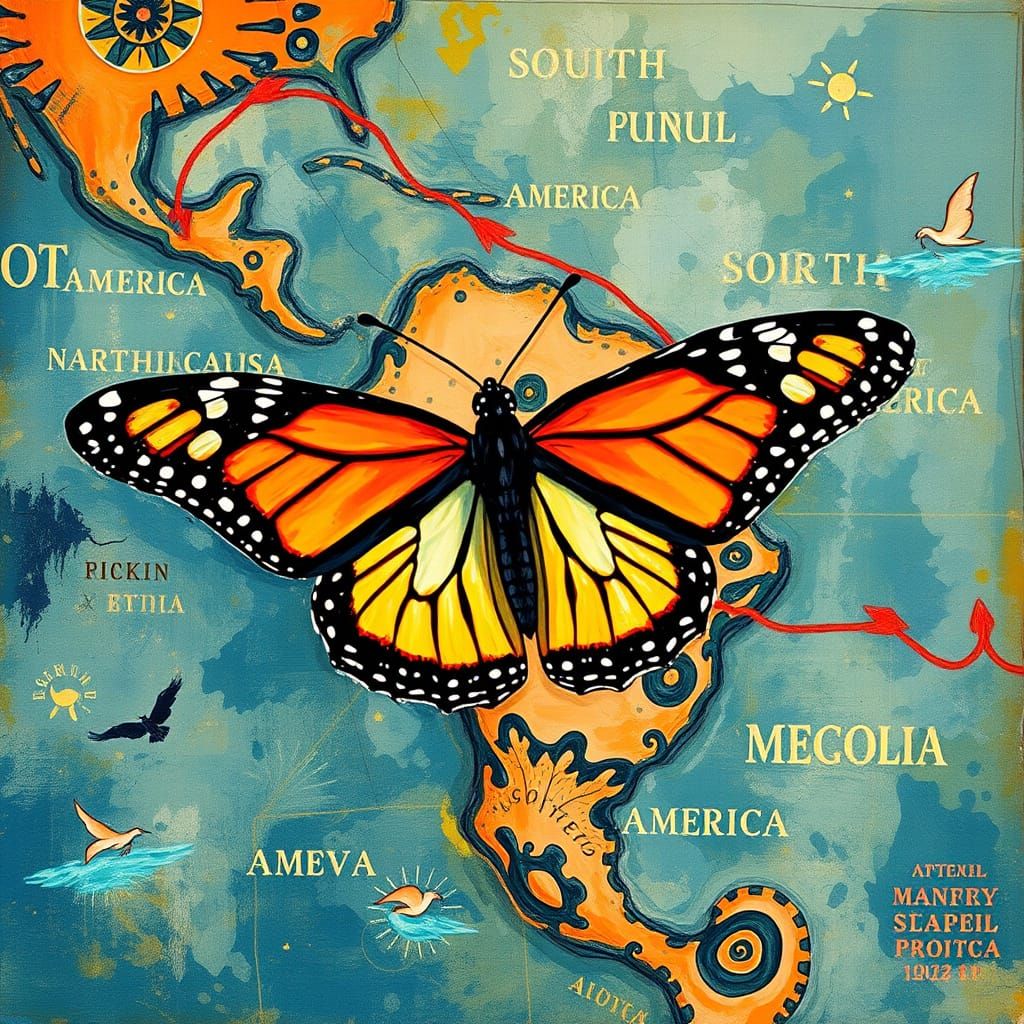 A butterfly painted with a map of its migration from South America to North America