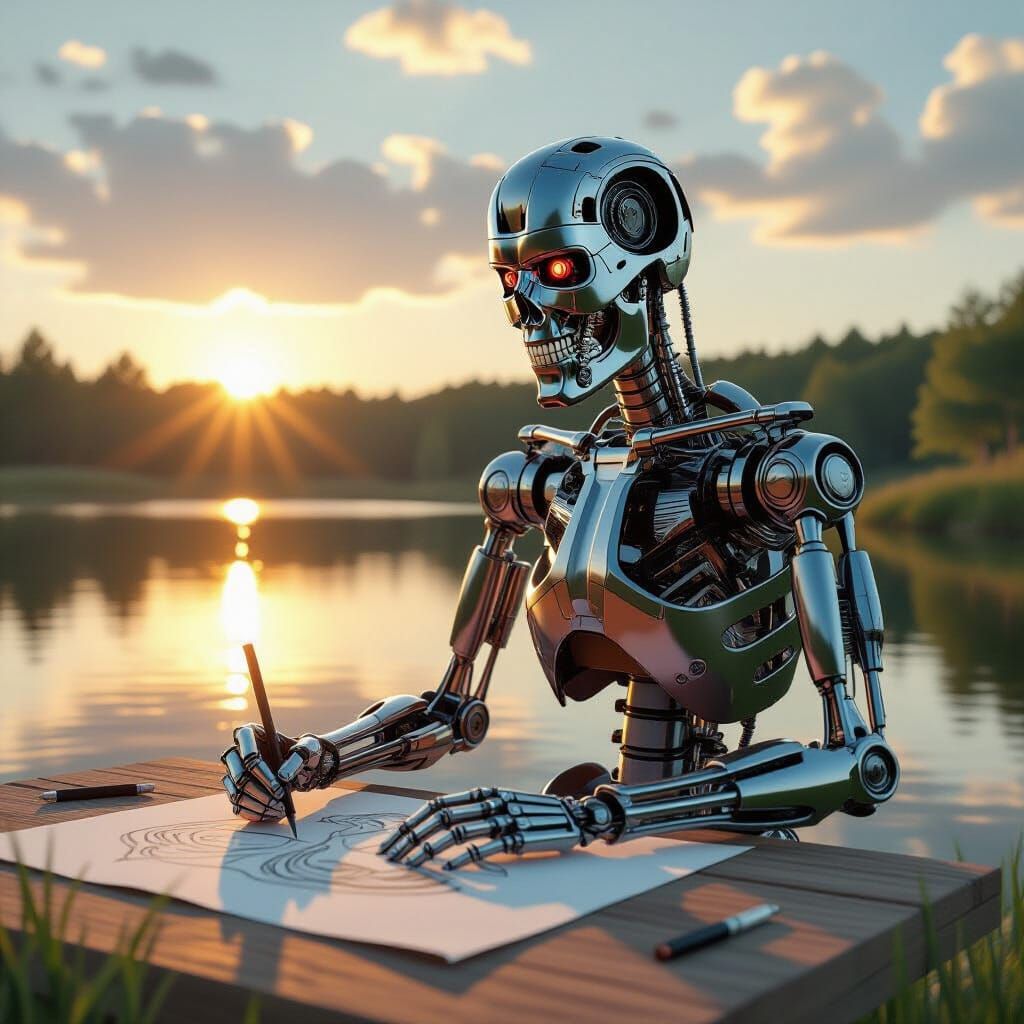 Terminator Robot Draws Peaceful Lake Scene in Hyperrealistic...