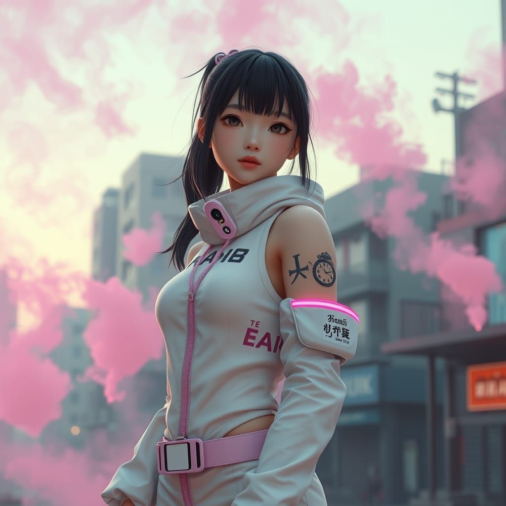 Cyberpunk Girl in Pink Mist Cityscape