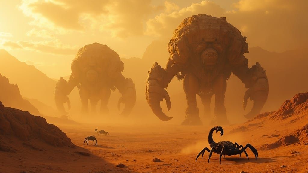Giant Scorpions Battle Stone Giants in Sun-Scorched Desert