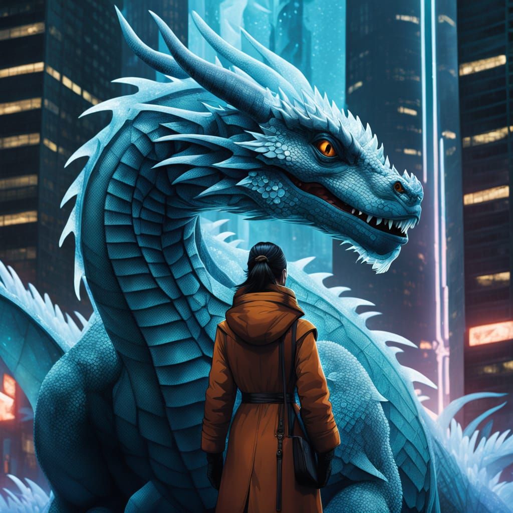 Mother Dragon Protects Young in Futuristic Skyscraper