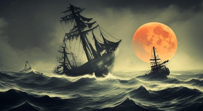 Wrecked Ghost Ship Under a Blood Moon