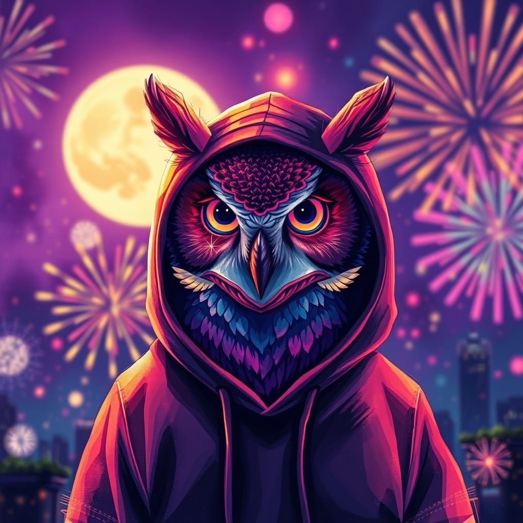Fluorescent Owl in Hoodie with Fireworks, Painterly Style