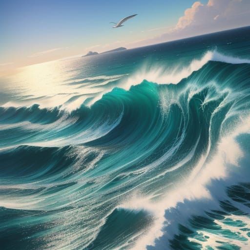 Vast Ocean Waves Under Sunlight in Vibrant Oil Painting