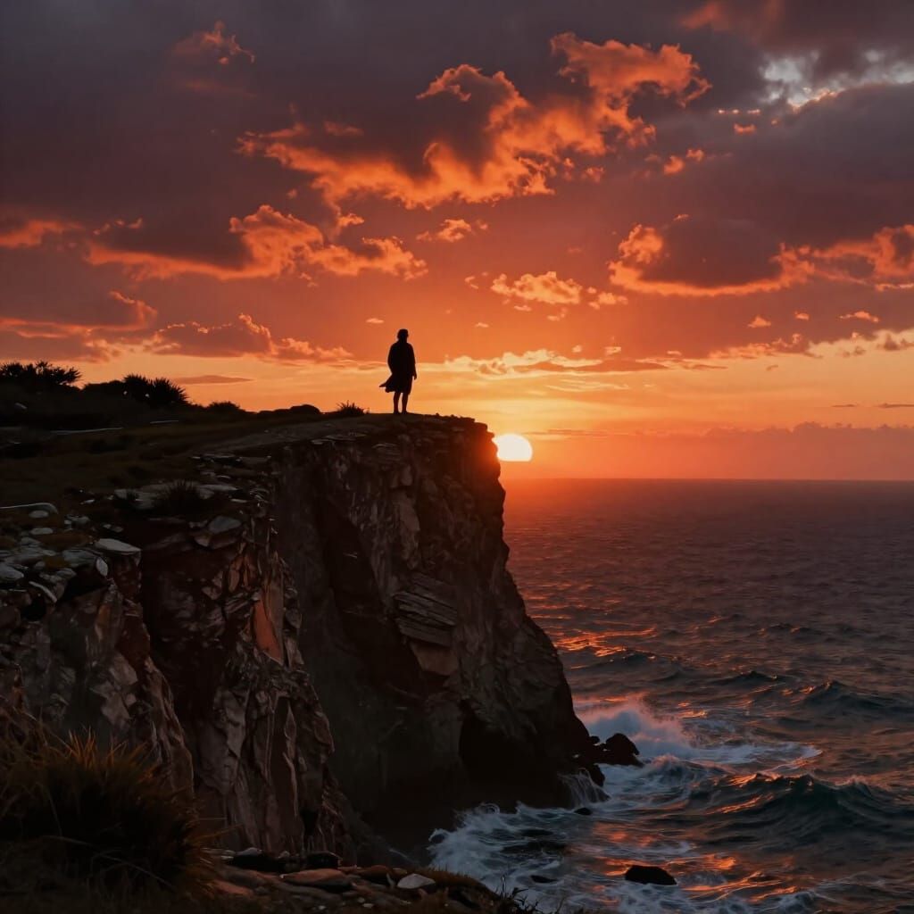 Lone Figure on Cliff Overlooking Fiery Sunset Ocean