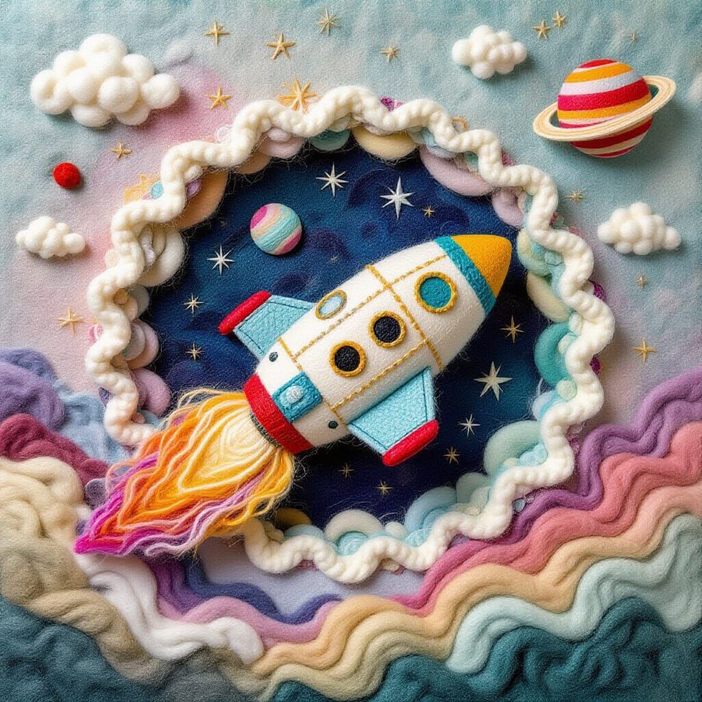 Needle-Felted Spaceship Emerges from Galaxy Portal