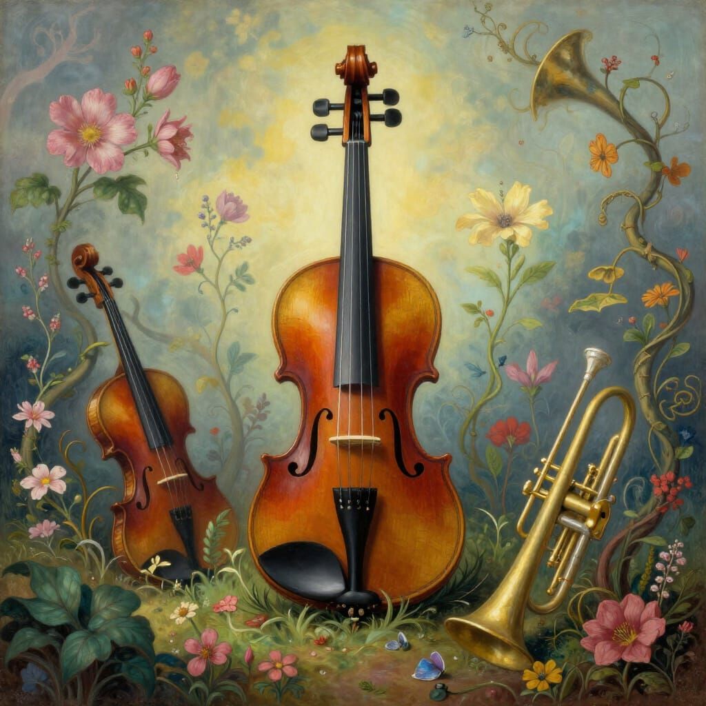 Musical Instruments Bloom as Plants in Ethereal Landscape