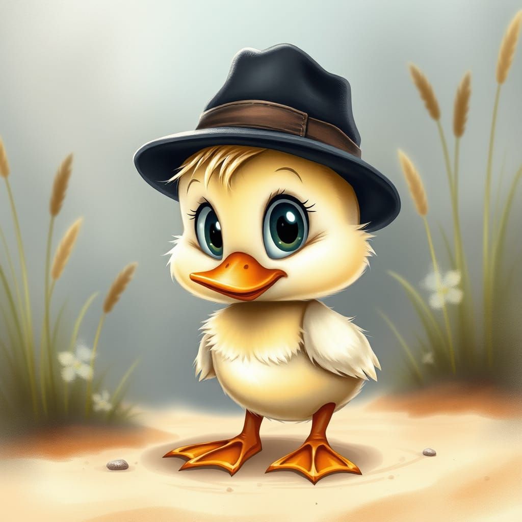 A whimsical and slightly humorous digital painting of a cartoon duckling wearing a fedora. The duckling has large, expre...