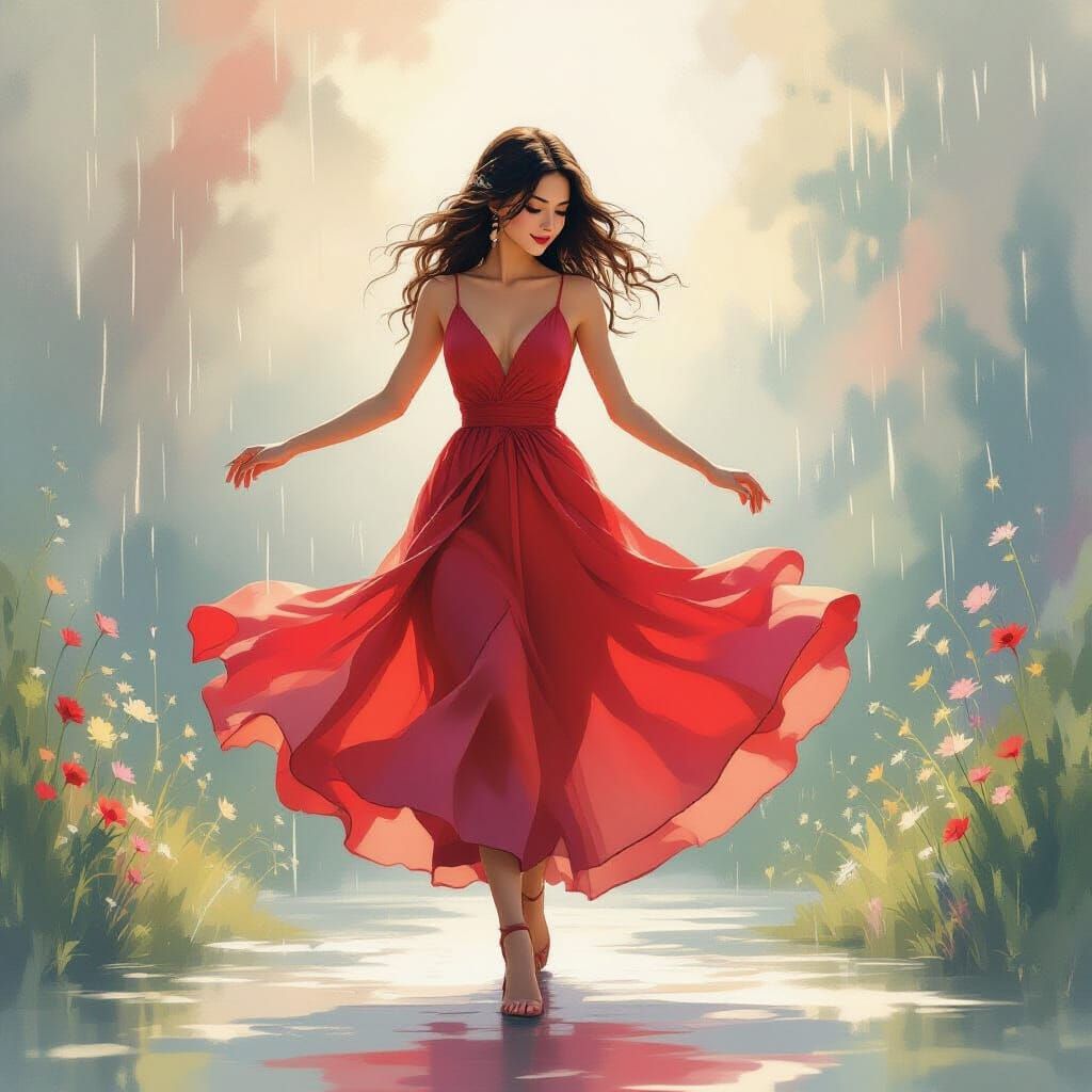 Woman Dancing in Summer Rain: Watercolor Art