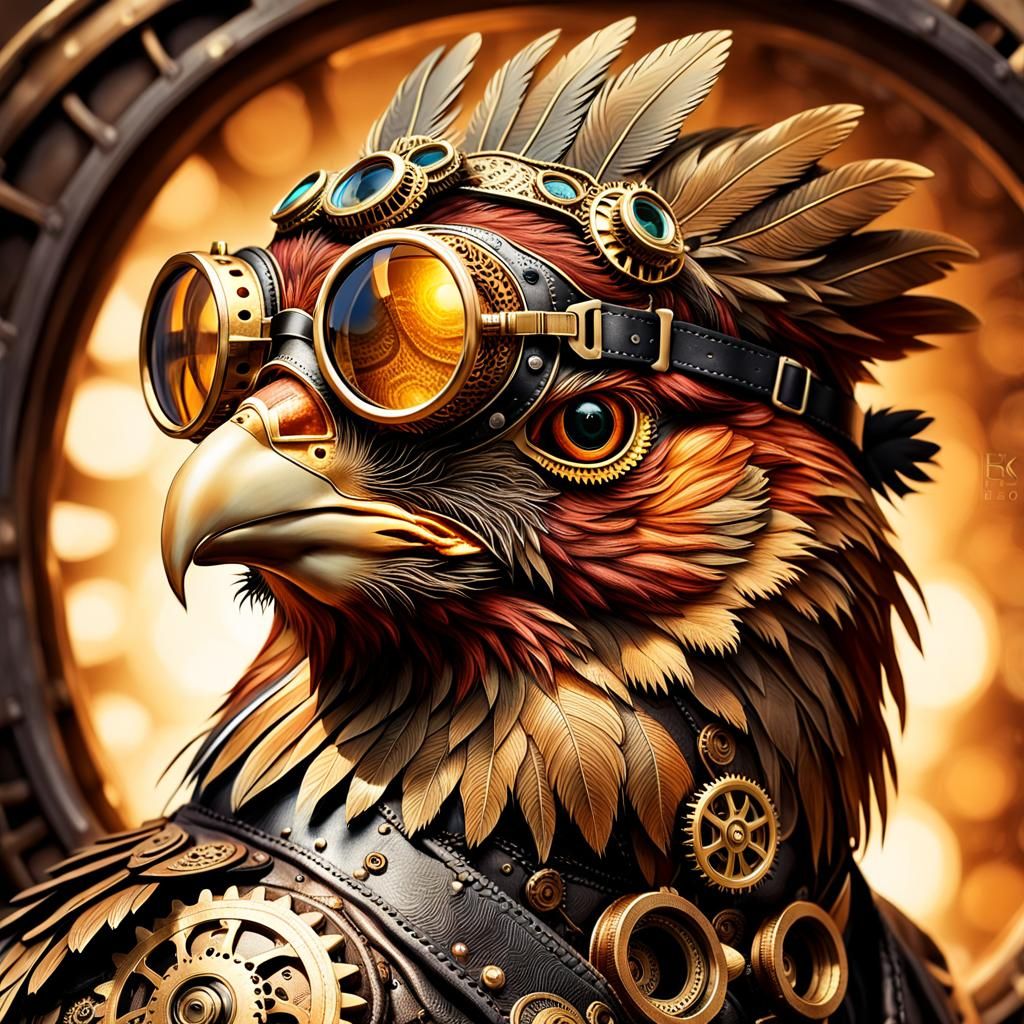 Steampunk Hen Portrait with Brass Goggles and Leather Tie