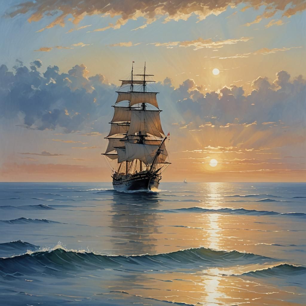Majestic Sailing Ship at Sunrise: Anime-Inspired Impressioni...