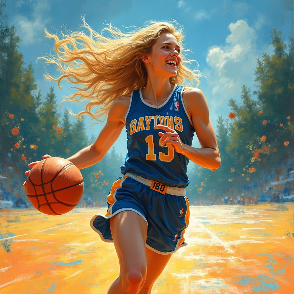 Tall Blond Woman Plays Basketball in Whimsical Post-Impressi...